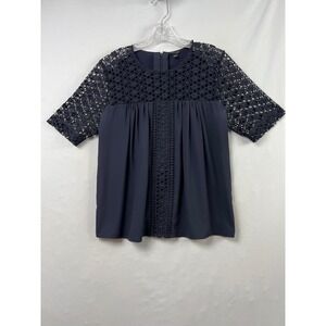 Ann Taylor Crochet Lace Blouse Womens Medium Navy Blue Cottage Core Babydoll Top
